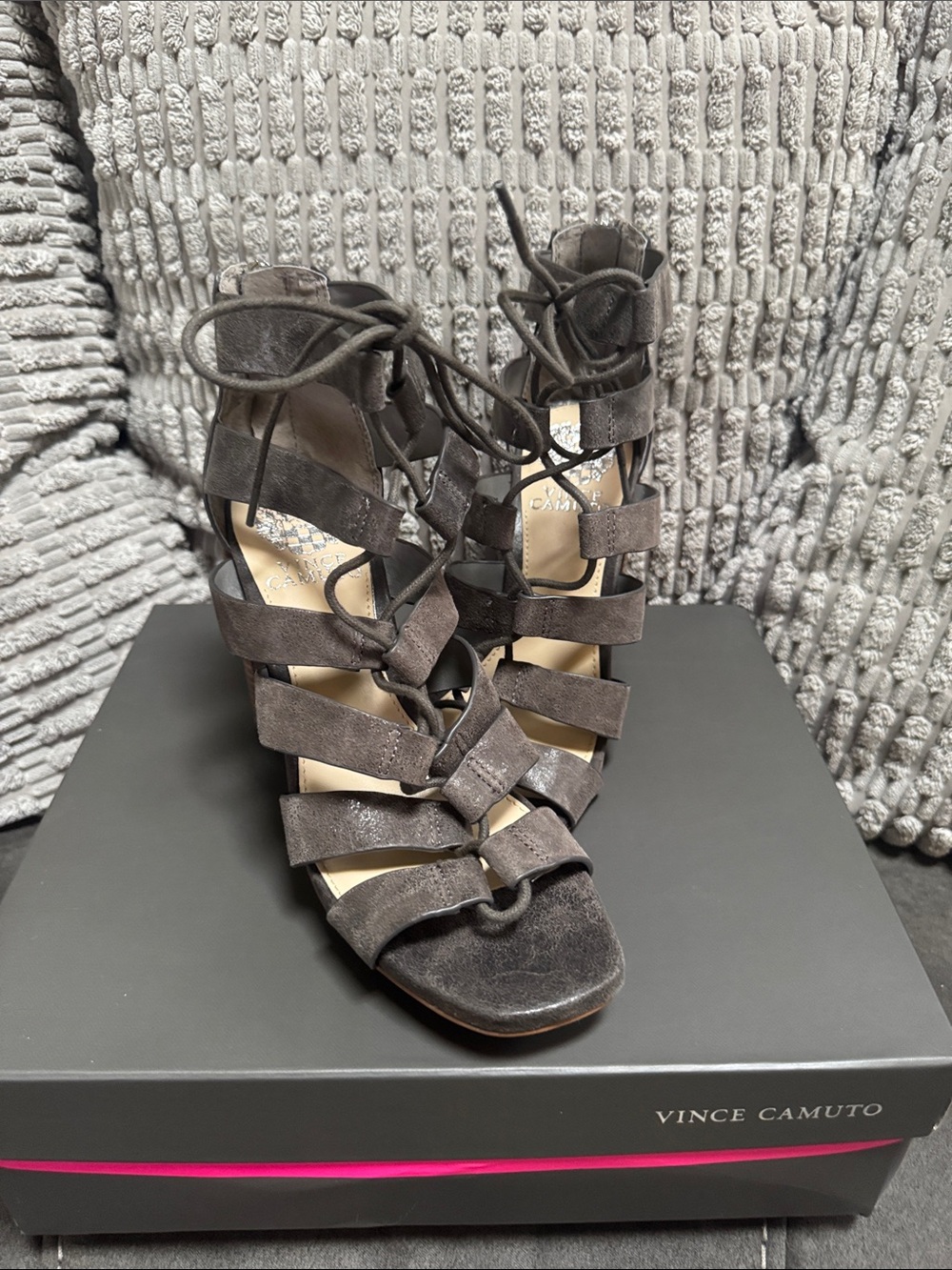 Vince Camuto Dark Gray Suede Lace-Up Gladiator Heels